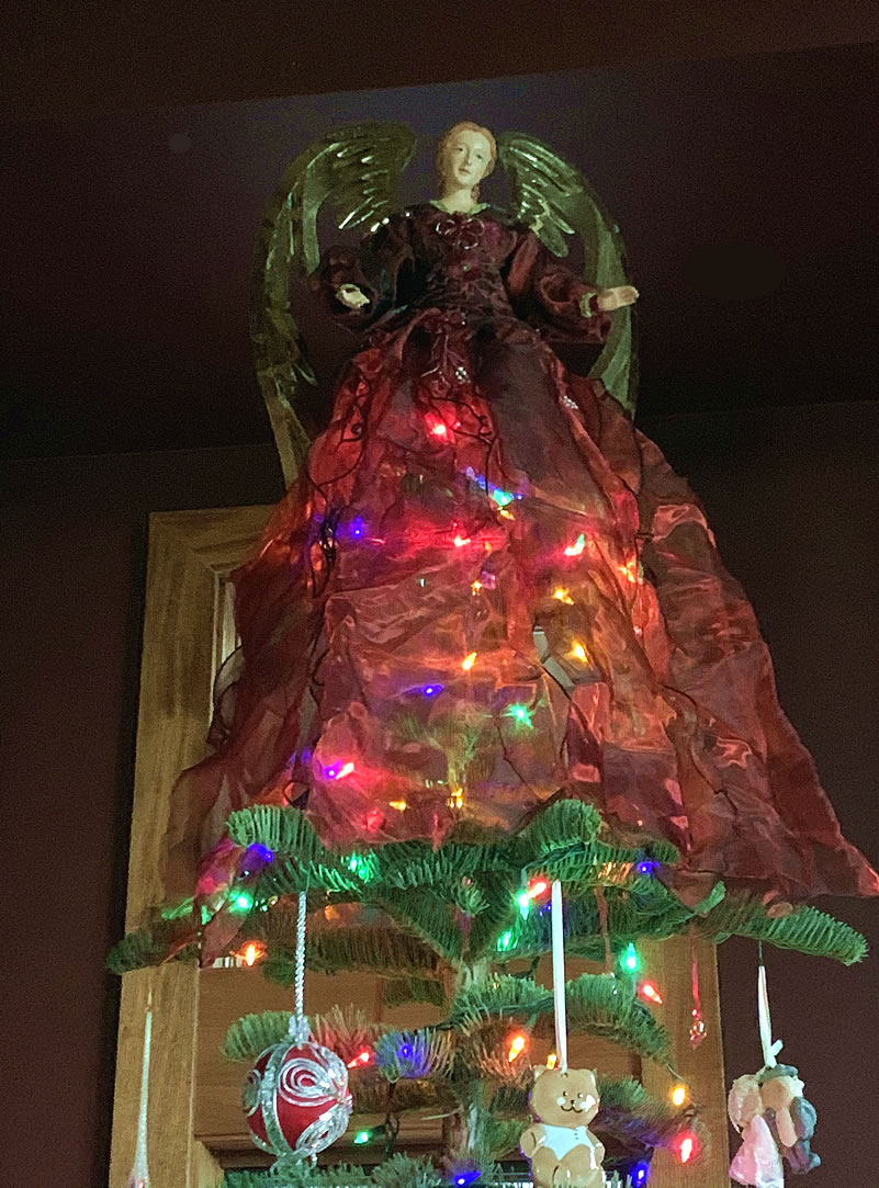 Christmas tree with angel at top, gauze see-through skirt