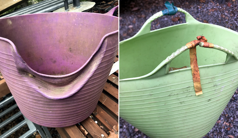 a melted garden trug and another with taped handles