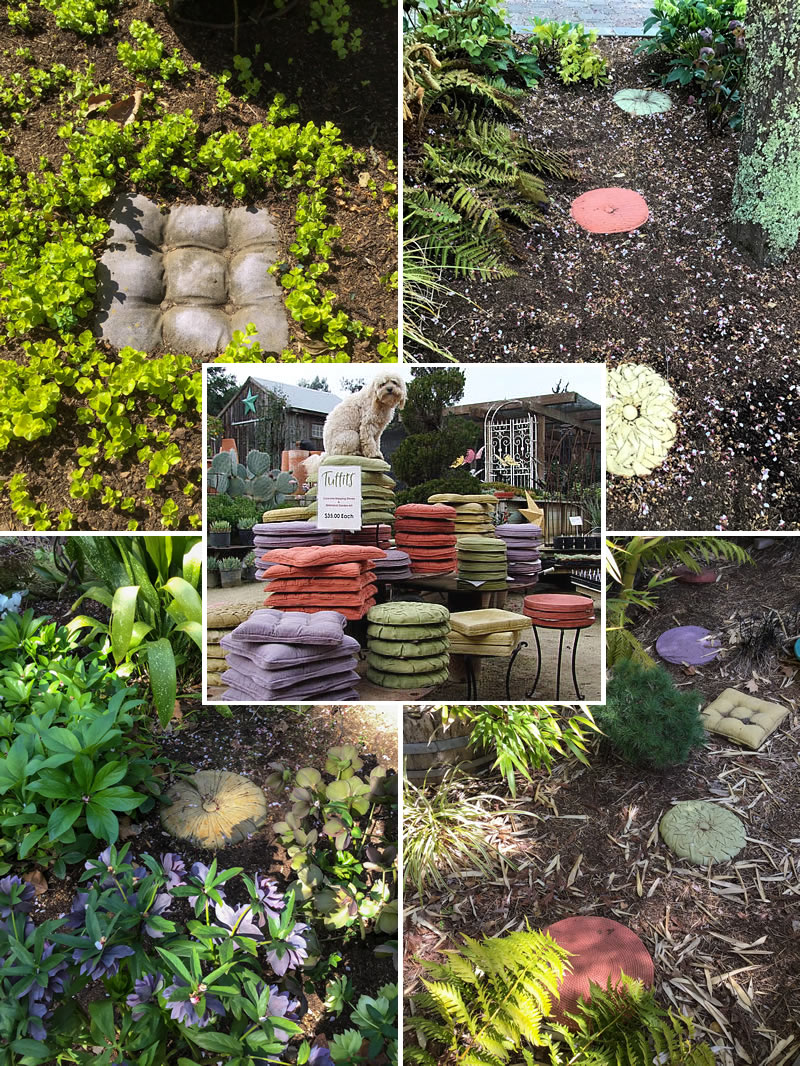 Collage with cushion-shaped stepping stones in various uses around the garden