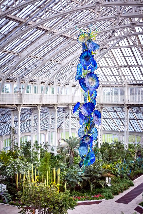 Inside glass green house, tall column of blue glass blossoms