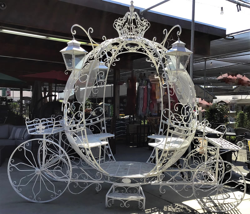 Cinderella carriage garden art, white wrought iron