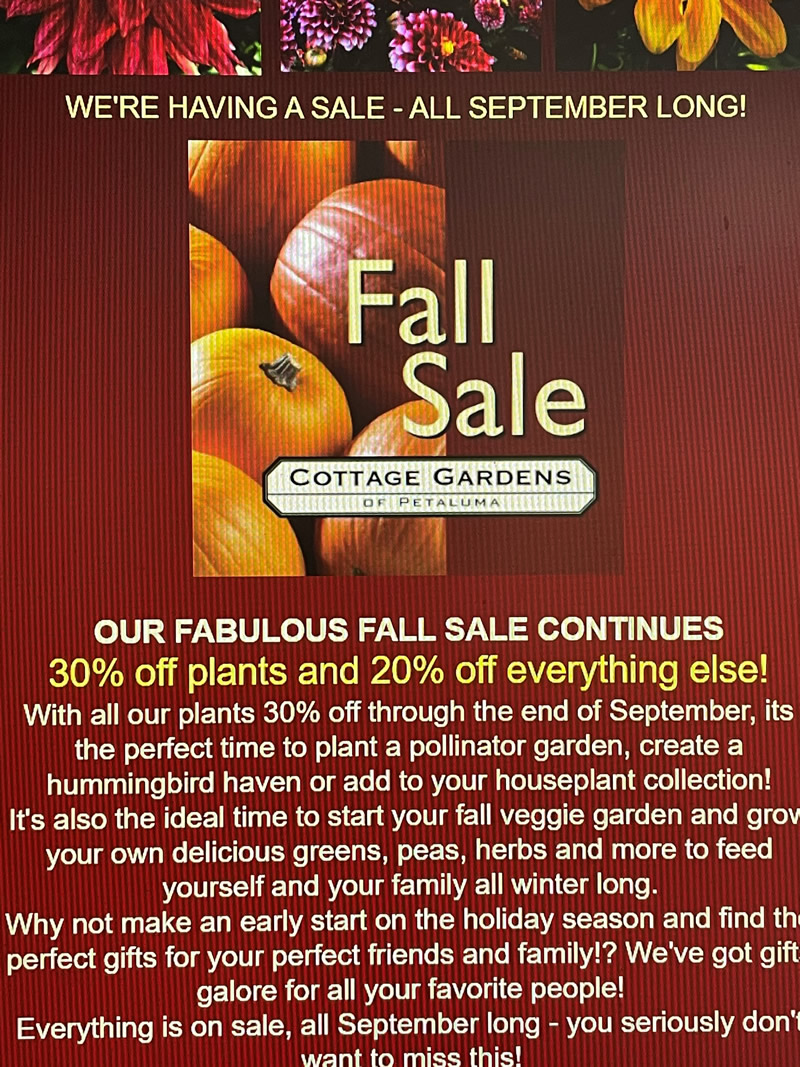 Sale announcement from Cottage Gardens in Petaluma, 30 percent off all plants.