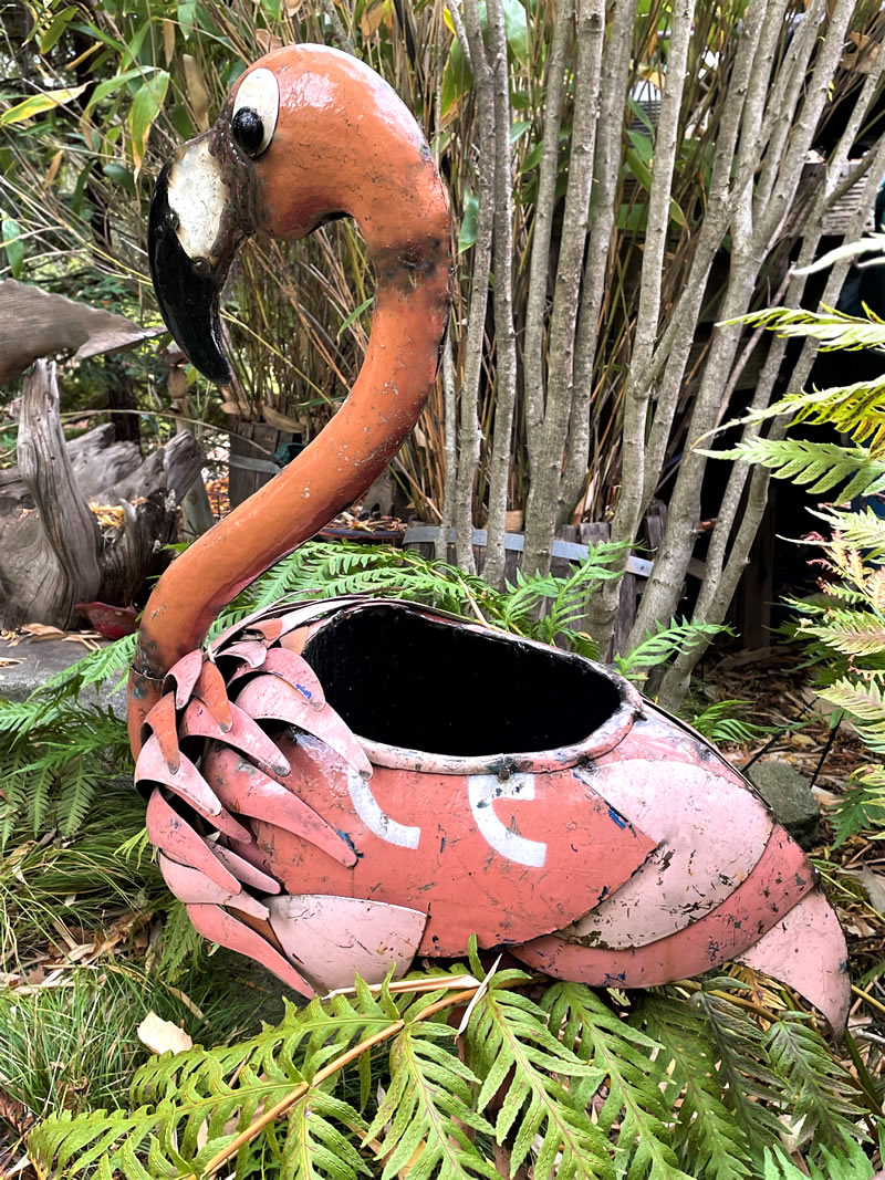 Metallic pink flamingo with open place in its back to insert a garden pot.