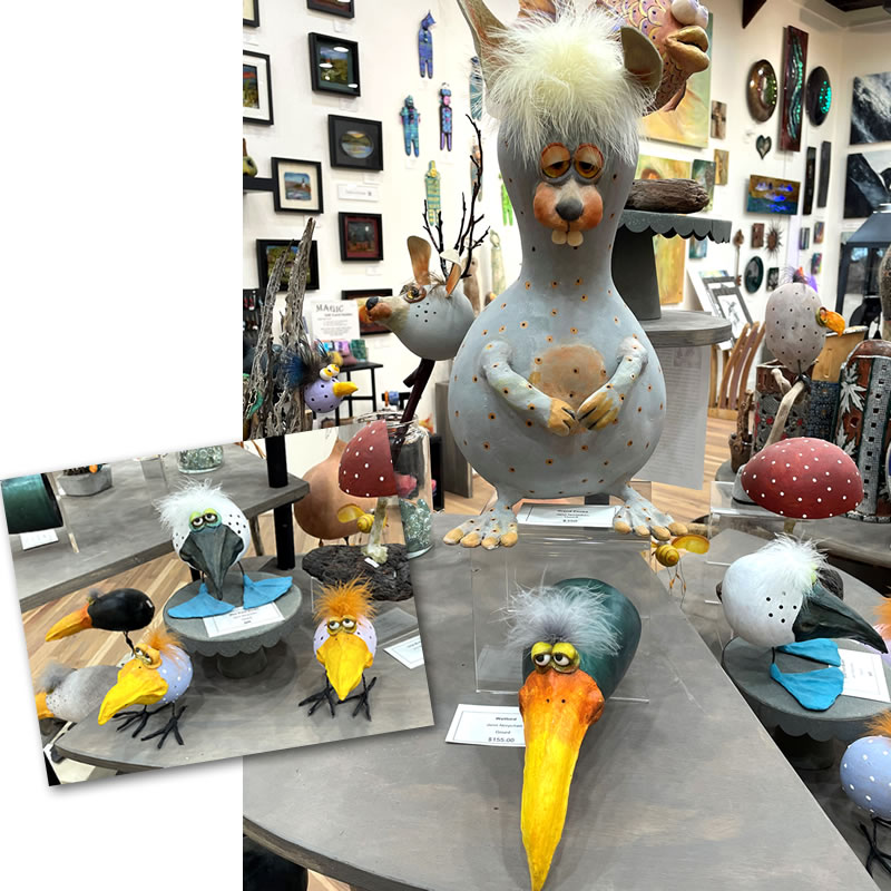 Imaginative brightly colored cartoon bird objects with big heads.