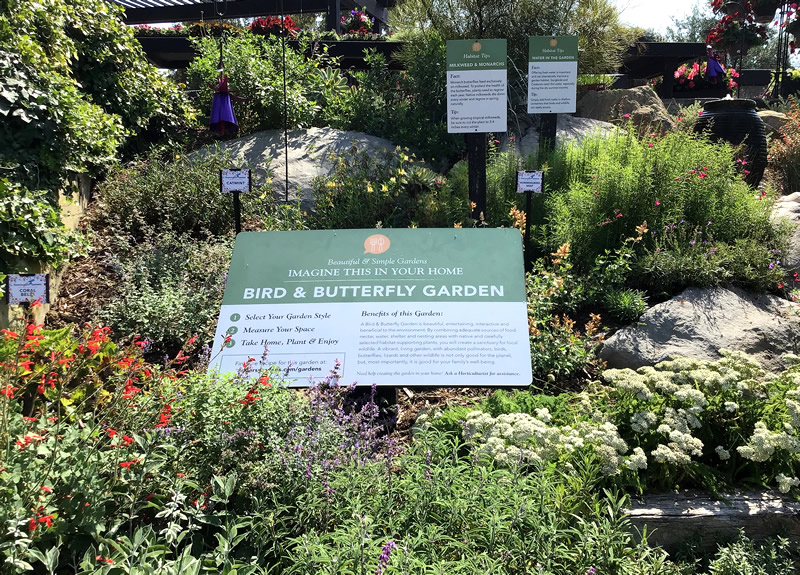 Outdoor garden area with Birds and Butterfies sign