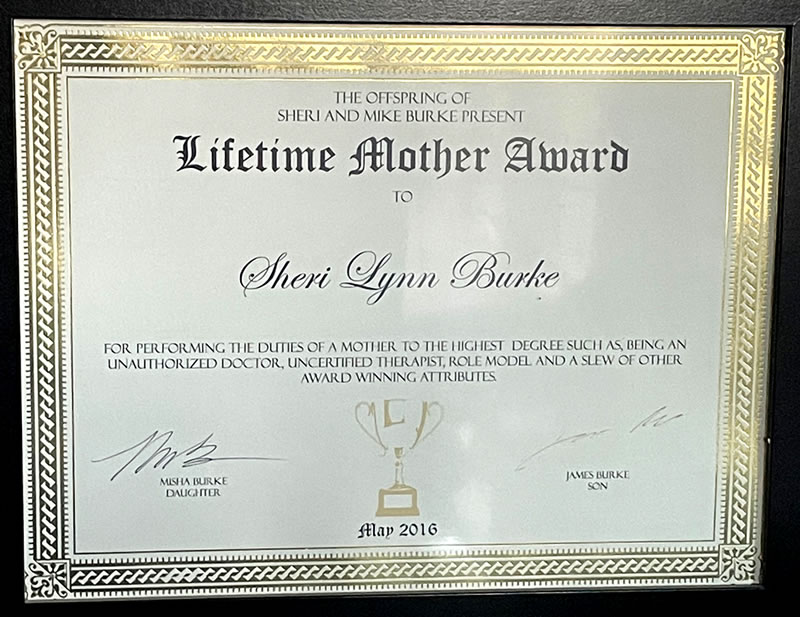 Framed certificate "Lifetime Mother Award"